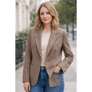 Vintage Ilya Wool Blend Taupe Classic Blazer Size 8 Made in Hong Kong